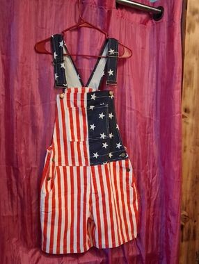 American Flag Print Denim Shortalls - Red, White & Blue